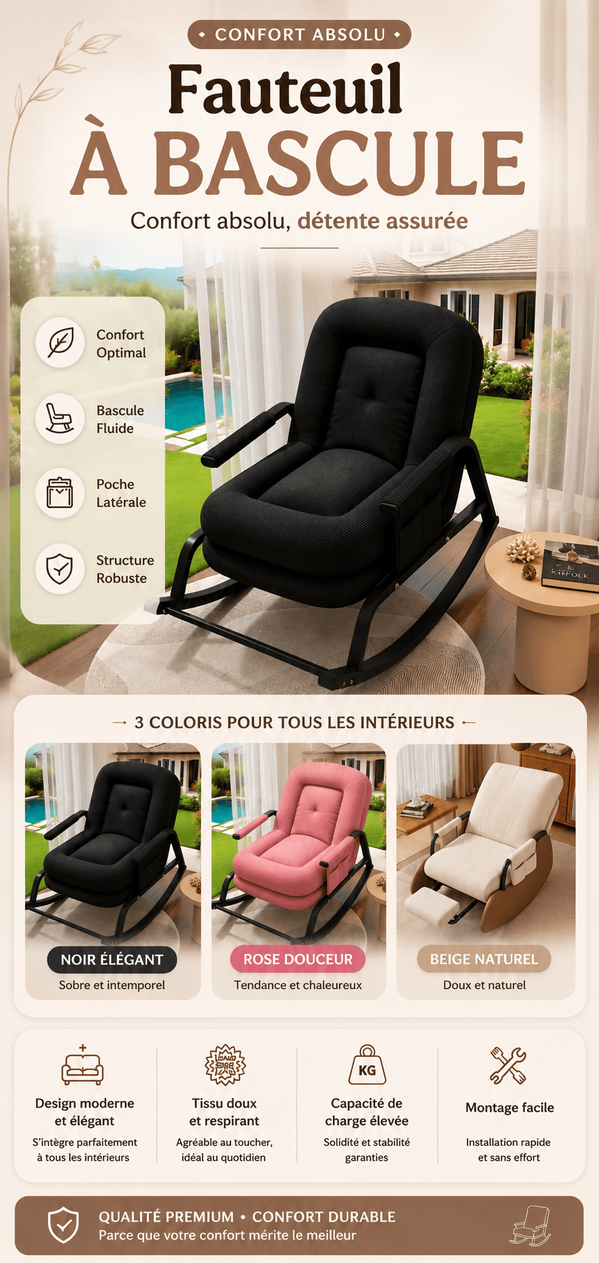 Fauteuil à bascule — Confort absolu, détente assurée