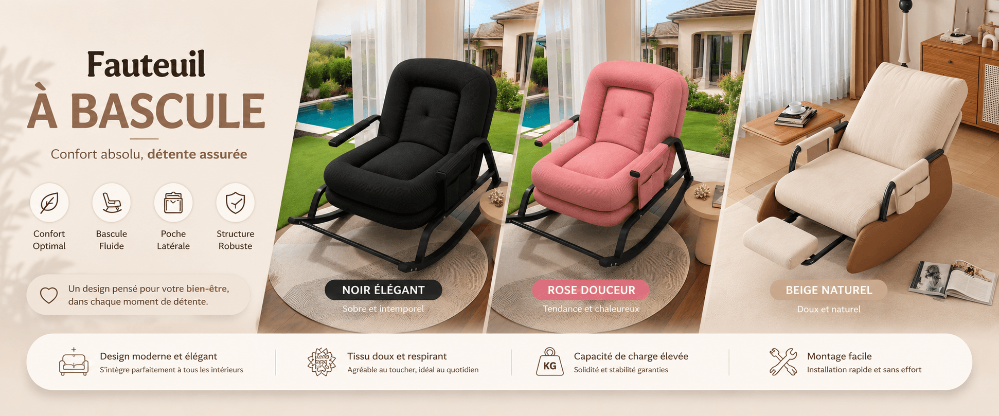 Fauteuil à bascule — Confort absolu, détente assurée